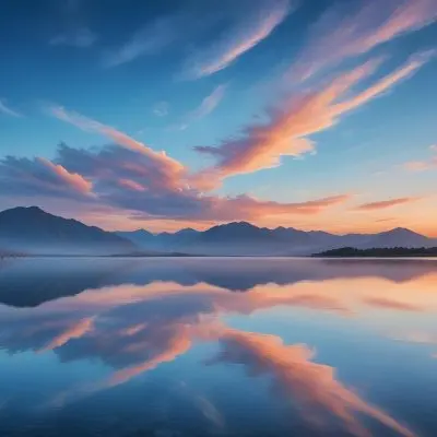 A Serene Landscape With A Calm Body Of Water Reflecting The Colorful Sky At Sunset The Sky Is Filled With Wispy Clouds In Shades Of Blue Creating A Beautiful And Peaceful Scene With Mountains In The Background 10 2772