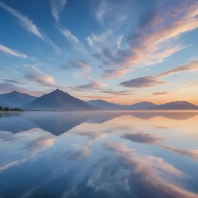 A Serene Landscape With A Calm Body Of Water Reflecting The Colorful Sky At Sunset The Sky Is Filled With Wispy Clouds In Shades Of Blue Creating A Beautiful And Peaceful Scene With Mountains In The Background 11 6af9