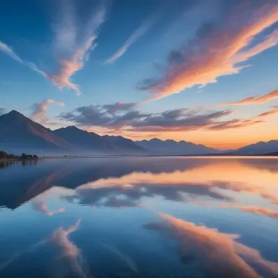 A Serene Landscape With A Calm Body Of Water Reflecting The Colorful Sky At Sunset The Sky Is Filled With Wispy Clouds In Shades Of Blue Creating A Beautiful And Peaceful Scene With Mountains In The Background 12 C287