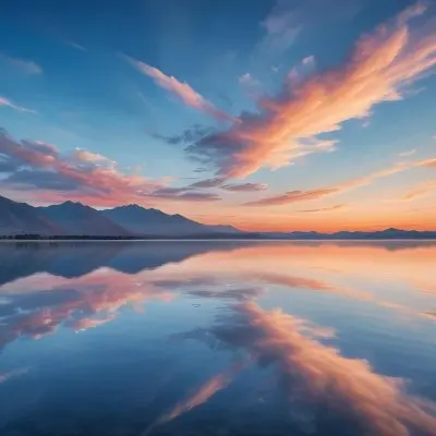 A Serene Landscape With A Calm Body Of Water Reflecting The Colorful Sky At Sunset The Sky Is Filled With Wispy Clouds In Shades Of Blue Creating A Beautiful And Peaceful Scene With Mountains In The Background 13 09f0