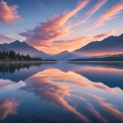 A Serene Landscape With A Calm Body Of Water Reflecting The Colorful Sky At Sunset The Sky Is Filled With Wispy Clouds In Shades Of Blue Creating A Beautiful And Peaceful Scene With Mountains In The Background 14 E134