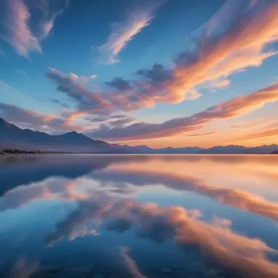 A Serene Landscape With A Calm Body Of Water Reflecting The Colorful Sky At Sunset The Sky Is Filled With Wispy Clouds In Shades Of Blue Creating A Beautiful And Peaceful Scene With Mountains In The Background 16 6e5c
