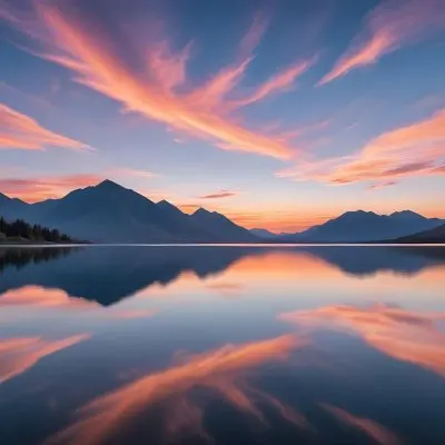 A Serene Landscape With A Calm Body Of Water Reflecting The Colorful Sky At Sunset The Sky Is Filled With Wispy Clouds In Shades Of Blue Creating A Beautiful And Peaceful Scene With Mountains In The Background 3 A086