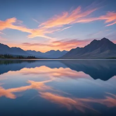 A Serene Landscape With A Calm Body Of Water Reflecting The Colorful Sky At Sunset The Sky Is Filled With Wispy Clouds In Shades Of Blue Creating A Beautiful And Peaceful Scene With Mountains In The Background 4 4779