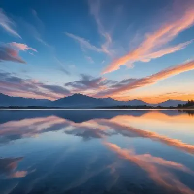 A Serene Landscape With A Calm Body Of Water Reflecting The Colorful Sky At Sunset The Sky Is Filled With Wispy Clouds In Shades Of Blue Creating A Beautiful And Peaceful Scene With Mountains In The Background 7 8ae1