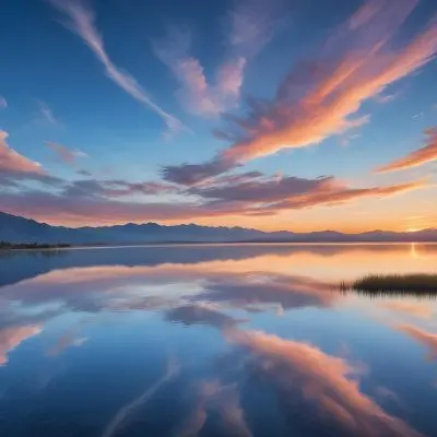 A Serene Landscape With A Calm Body Of Water Reflecting The Colorful Sky At Sunset The Sky Is Filled With Wispy Clouds In Shades Of Blue Creating A Beautiful And Peaceful Scene With Mountains In The Background 8 3ef3