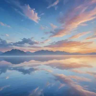 A Serene Landscape With A Calm Body Of Water Reflecting The Colorful Sky At Sunset The Sky Is Filled With Wispy Clouds In Shades Of Blue Creating A Beautiful And Peaceful Scene With Mountains In The Background 9 8ae9