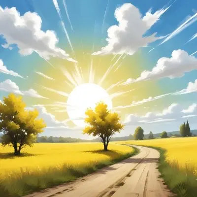 A Sunny Day With A White Sun And White Clouds Over A Yellow Field With A Dirt Road And Some Trees 19 8102