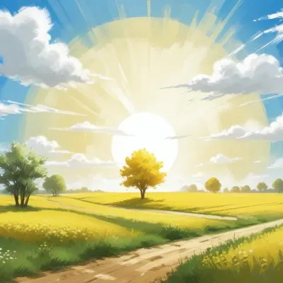 A Sunny Day With A White Sun And White Clouds Over A Yellow Field With A Dirt Road And Some Trees 21 220b