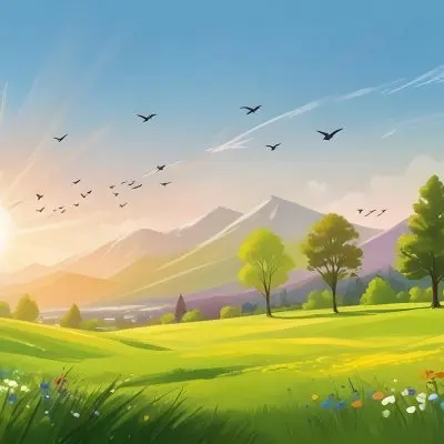 A Vibrant Green Field With Colorful Flowers A Few Trees And Birds Flying In The Sky With Mountains In The Background And A Bright Sun 12 784d