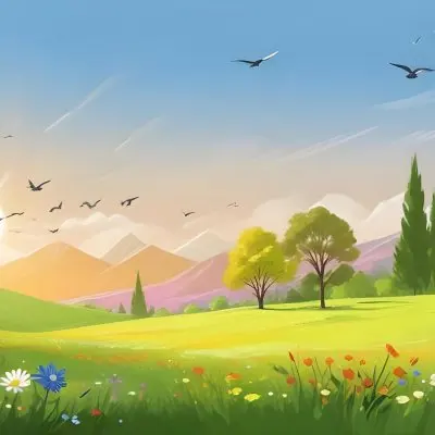 A Vibrant Green Field With Colorful Flowers A Few Trees And Birds Flying In The Sky With Mountains In The Background And A Bright Sun 13 Af83