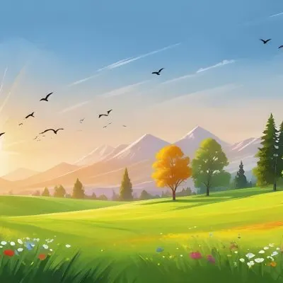 A Vibrant Green Field With Colorful Flowers A Few Trees And Birds Flying In The Sky With Mountains In The Background And A Bright Sun 2 6d26