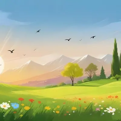 A Vibrant Green Field With Colorful Flowers A Few Trees And Birds Flying In The Sky With Mountains In The Background And A Bright Sun 3 7ace