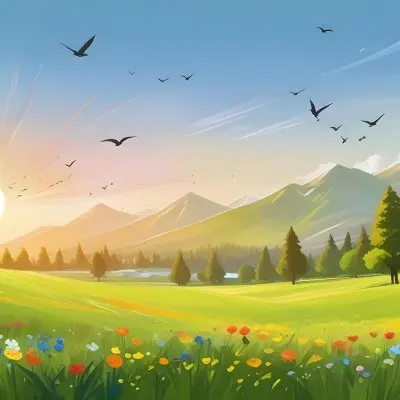 A Vibrant Green Field With Colorful Flowers A Few Trees And Birds Flying In The Sky With Mountains In The Background And A Bright Sun 4 089e