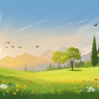 A Vibrant Green Field With Colorful Flowers A Few Trees And Birds Flying In The Sky With Mountains In The Background And A Bright Sun 5 B63a