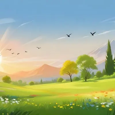 A Vibrant Green Field With Colorful Flowers A Few Trees And Birds Flying In The Sky With Mountains In The Background And A Bright Sun 6 79c1