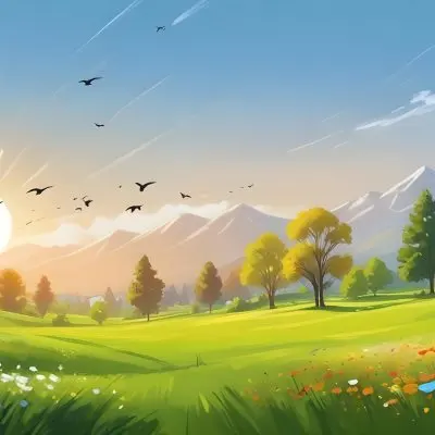 A Vibrant Green Field With Colorful Flowers A Few Trees And Birds Flying In The Sky With Mountains In The Background And A Bright Sun 7 2feb
