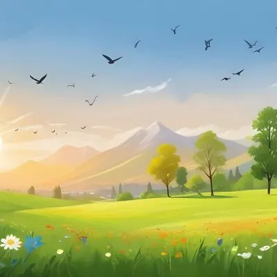 A Vibrant Green Field With Colorful Flowers A Few Trees And Birds Flying In The Sky With Mountains In The Background And A Bright Sun 9 D22a