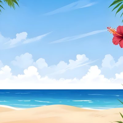 Digital Painting A Beach With Blue Sky Sand And Sand Hibiscus Flower And Palm Leaves On The Corners Tropical Paradise Summer Vacation Vibrant Colors Sunny Day Bold And Slim Lines Brush Strokes 1 3c47