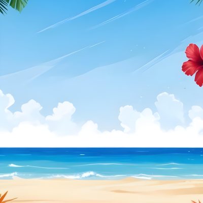 Digital Painting A Beach With Blue Sky Sand And Sand Hibiscus Flower And Palm Leaves On The Corners Tropical Paradise Summer Vacation Vibrant Colors Sunny Day Bold And Slim Lines Brush Strokes 15 4997