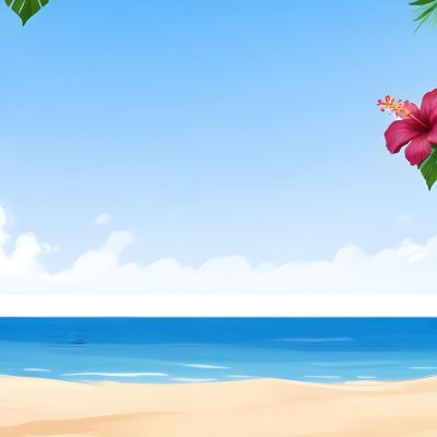 Digital Painting A Beach With Blue Sky Sand And Sand Hibiscus Flower And Palm Leaves On The Corners Tropical Paradise Summer Vacation Vibrant Colors Sunny Day Bold And Slim Lines Brush Strokes 16 D411