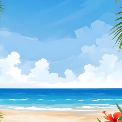 Digital Painting A Beach With Blue Sky Sand And Sand Hibiscus Flower And Palm Leaves On The Corners Tropical Paradise Summer Vacation Vibrant Colors Sunny Day Bold And Slim Lines Brush Strokes 18 Eab9