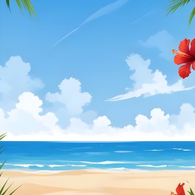 Digital Painting A Beach With Blue Sky Sand And Sand Hibiscus Flower And Palm Leaves On The Corners Tropical Paradise Summer Vacation Vibrant Colors Sunny Day Bold And Slim Lines Brush Strokes 2 E9d1