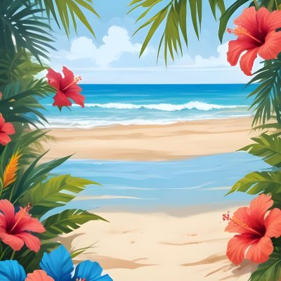 Digital Painting A Beach With Blue Sky Sand And Sand Hibiscus Flower And Palm Leaves On The Corners Tropical Paradise Summer Vacation Vibrant Colors Sunny Day Bold And Slim Lines Brush Strokes 25 79ff