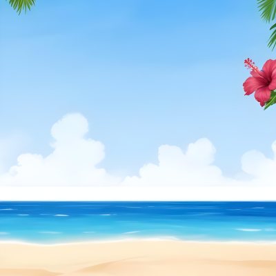 Digital Painting A Beach With Blue Sky Sand And Sand Hibiscus Flower And Palm Leaves On The Corners Tropical Paradise Summer Vacation Vibrant Colors Sunny Day Bold And Slim Lines Brush Strokes 26 3a50