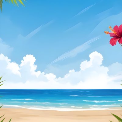 Digital Painting A Beach With Blue Sky Sand And Sand Hibiscus Flower And Palm Leaves On The Corners Tropical Paradise Summer Vacation Vibrant Colors Sunny Day Bold And Slim Lines Brush Strokes 31 Bdc6