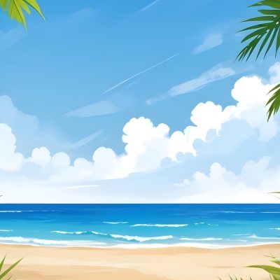 Digital Painting A Beach With Blue Sky Sand And Sand Hibiscus Flower And Palm Leaves On The Corners Tropical Paradise Summer Vacation Vibrant Colors Sunny Day Bold And Slim Lines Brush Strokes 32 479d