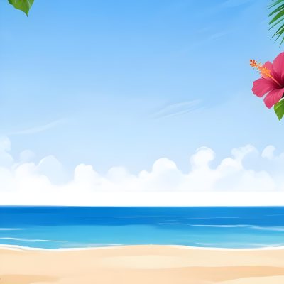 Digital Painting A Beach With Blue Sky Sand And Sand Hibiscus Flower And Palm Leaves On The Corners Tropical Paradise Summer Vacation Vibrant Colors Sunny Day Bold And Slim Lines Brush Strokes 37 Bd30