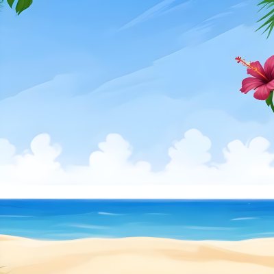 Digital Painting A Beach With Blue Sky Sand And Sand Hibiscus Flower And Palm Leaves On The Corners Tropical Paradise Summer Vacation Vibrant Colors Sunny Day Bold And Slim Lines Brush Strokes 41 D69f