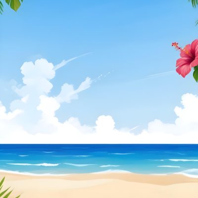 Digital Painting A Beach With Blue Sky Sand And Sand Hibiscus Flower And Palm Leaves On The Corners Tropical Paradise Summer Vacation Vibrant Colors Sunny Day Bold And Slim Lines Brush Strokes 5 362c