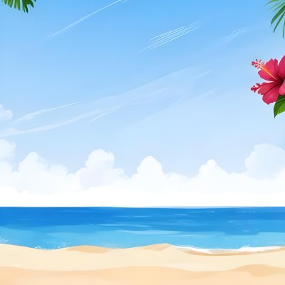 Digital Painting A Beach With Blue Sky Sand And Sand Hibiscus Flower And Palm Leaves On The Corners Tropical Paradise Summer Vacation Vibrant Colors Sunny Day Bold And Slim Lines Brush Strokes 7 9924