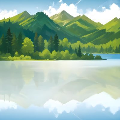 Digital Painting A Lake With Trees And Mountains In The Background The Water Reflects The Clouds The Sky Is Blue With Some Clouds Sunny Day Bold And Slim Lines Brush Strokes 1 E2bd