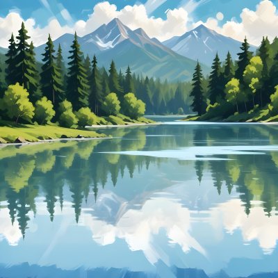 Digital Painting A Lake With Trees And Mountains In The Background The Water Reflects The Clouds The Sky Is Blue With Some Clouds Sunny Day Bold And Slim Lines Brush Strokes 10 5d41