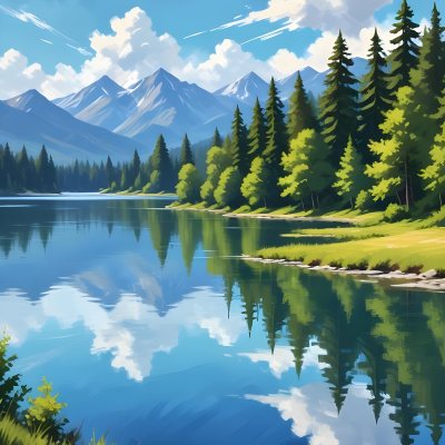 Digital Painting A Lake With Trees And Mountains In The Background The Water Reflects The Clouds The Sky Is Blue With Some Clouds Sunny Day Bold And Slim Lines Brush Strokes 12 7c15
