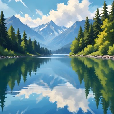 Digital Painting A Lake With Trees And Mountains In The Background The Water Reflects The Clouds The Sky Is Blue With Some Clouds Sunny Day Bold And Slim Lines Brush Strokes 14 23ec