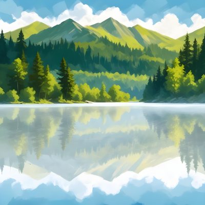 Digital Painting A Lake With Trees And Mountains In The Background The Water Reflects The Clouds The Sky Is Blue With Some Clouds Sunny Day Bold And Slim Lines Brush Strokes 16 63d8