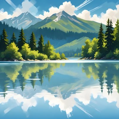 Digital Painting A Lake With Trees And Mountains In The Background The Water Reflects The Clouds The Sky Is Blue With Some Clouds Sunny Day Bold And Slim Lines Brush Strokes 19 6ea1