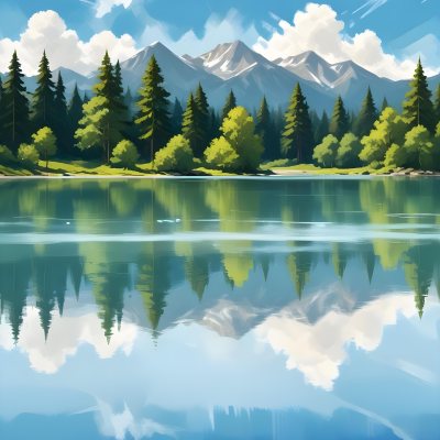 Digital Painting A Lake With Trees And Mountains In The Background The Water Reflects The Clouds The Sky Is Blue With Some Clouds Sunny Day Bold And Slim Lines Brush Strokes 23 6d3c