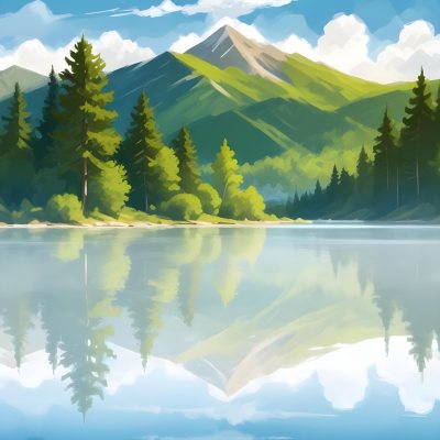 Digital Painting A Lake With Trees And Mountains In The Background The Water Reflects The Clouds The Sky Is Blue With Some Clouds Sunny Day Bold And Slim Lines Brush Strokes 25 6c44