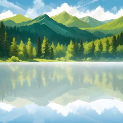 Digital Painting A Lake With Trees And Mountains In The Background The Water Reflects The Clouds The Sky Is Blue With Some Clouds Sunny Day Bold And Slim Lines Brush Strokes 4 B381