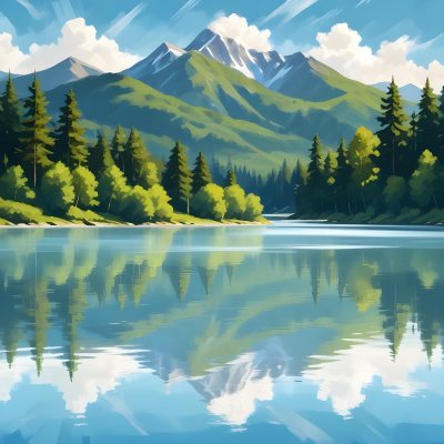 Digital Painting A Lake With Trees And Mountains In The Background The Water Reflects The Clouds The Sky Is Blue With Some Clouds Sunny Day Bold And Slim Lines Brush Strokes 8 5858