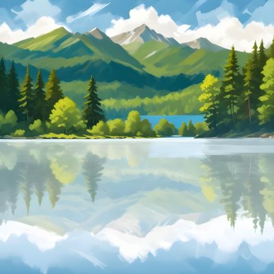 Digital Painting A Lake With Trees And Mountains In The Background The Water Reflects The Clouds The Sky Is Blue With Some Clouds Sunny Day Bold And Slim Lines Brush Strokes 9 E35f