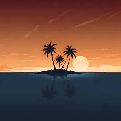 Digital Painting A Minimalist Scene Depicting A Small Island With Two Palm Trees Silhouetted Against A Gradient Sunset Sky Transitioning From Orange To Dark Blue The Water Is Calm Reflecting The Colors Of The Sky Wi 13 993f
