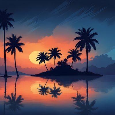 Digital Painting A Minimalist Scene Depicting A Small Island With Two Palm Trees Silhouetted Against A Gradient Sunset Sky Transitioning From Orange To Dark Blue The Water Is Calm Reflecting The Colors Of The Sky Wi 14 95d5