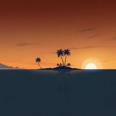 Digital Painting A Minimalist Scene Depicting A Small Island With Two Palm Trees Silhouetted Against A Gradient Sunset Sky Transitioning From Orange To Dark Blue The Water Is Calm Reflecting The Colors Of The Sky Wi 16 2e97