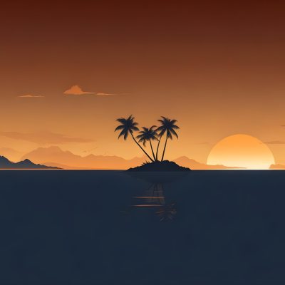 Digital Painting A Minimalist Scene Depicting A Small Island With Two Palm Trees Silhouetted Against A Gradient Sunset Sky Transitioning From Orange To Dark Blue The Water Is Calm Reflecting The Colors Of The Sky Wi 19 676d